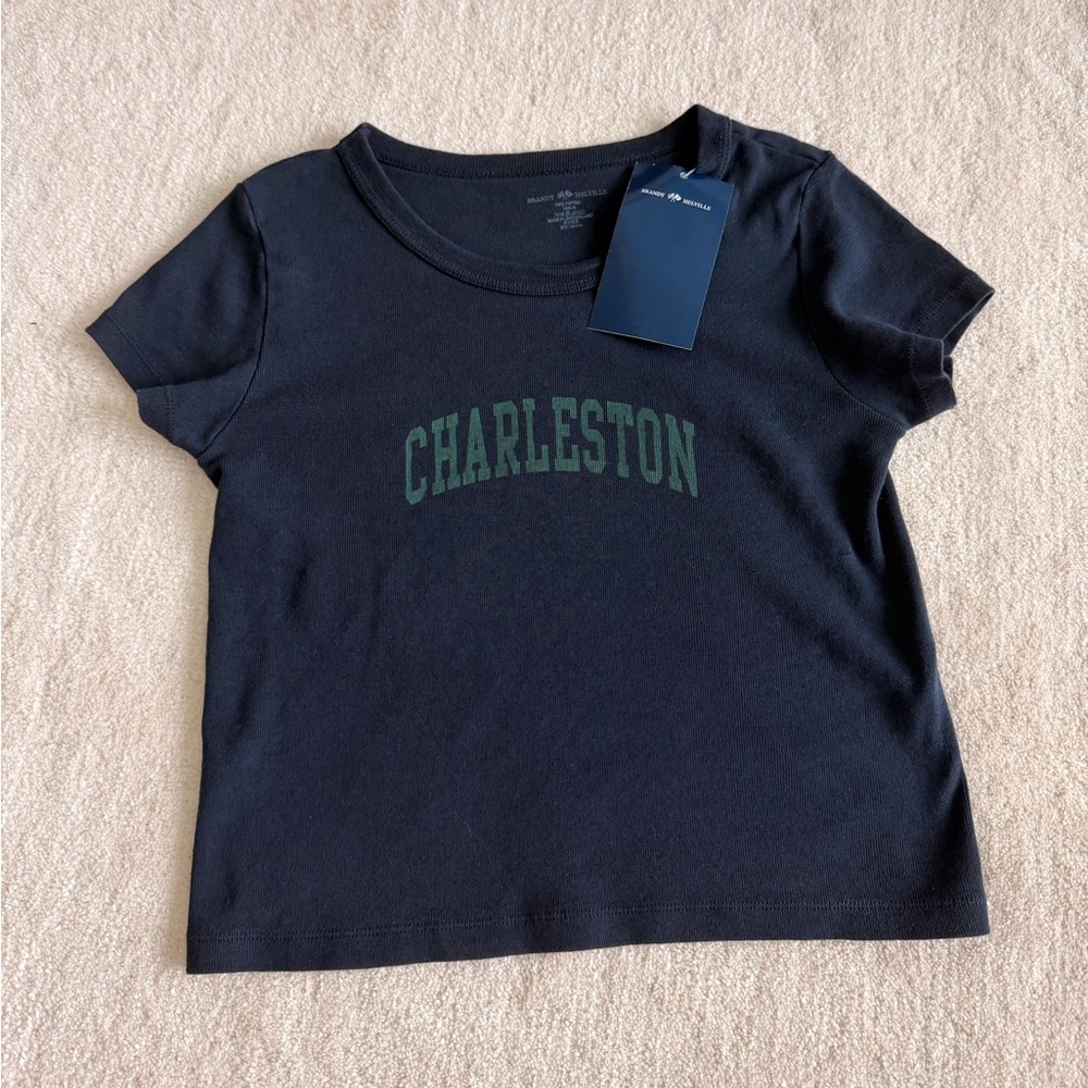Brandy Melville Charleston logo cropped baby tee navy NWT